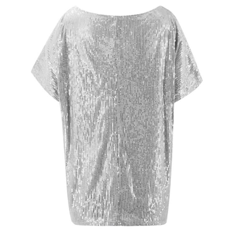 Short-Sleeved Solid Color Sequins Word Shoulder Shirt for Women