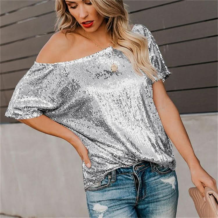 Short-Sleeved Solid Color Sequins Word Shoulder Shirt for Women