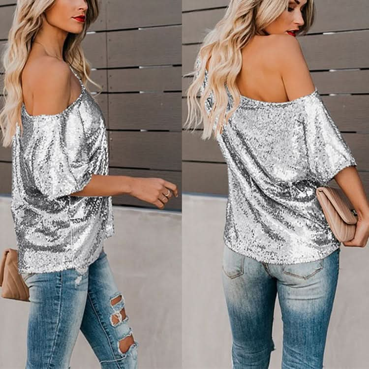 Short-Sleeved Solid Color Sequins Word Shoulder Shirt for Women