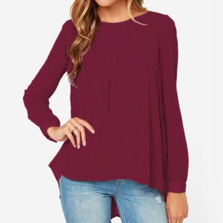 Women Chiffon Shirt Round Neck Long-Sleeved Slim Shirt