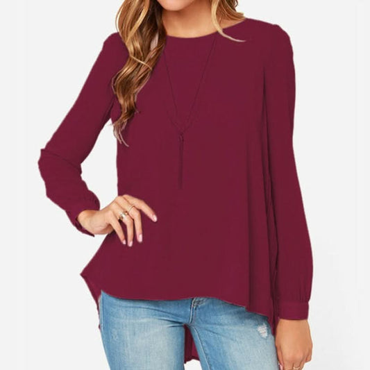 Women Chiffon Shirt Round Neck Long-Sleeved Slim Shirt Reluova