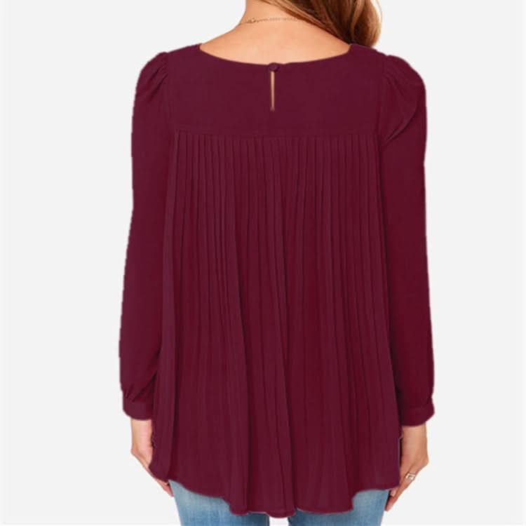 Women Chiffon Shirt Round Neck Long-Sleeved Slim Shirt