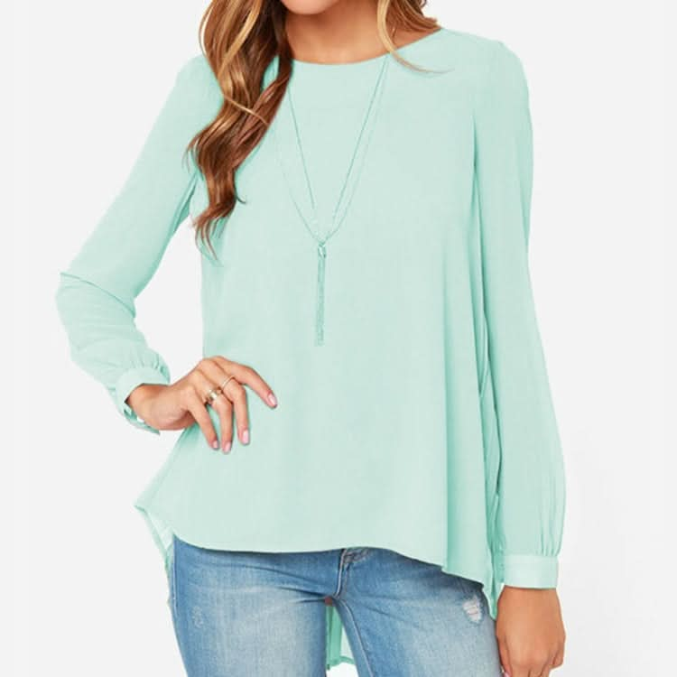 Women Chiffon Shirt Round Neck Long-Sleeved Slim Shirt