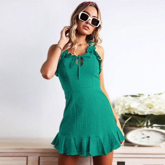 Women Solid Color Sling Sweet Skirt Ruffled Fresh Dress