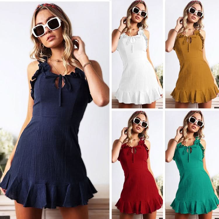 Women Solid Color Sling Sweet Skirt Ruffled Fresh Dress Reluova