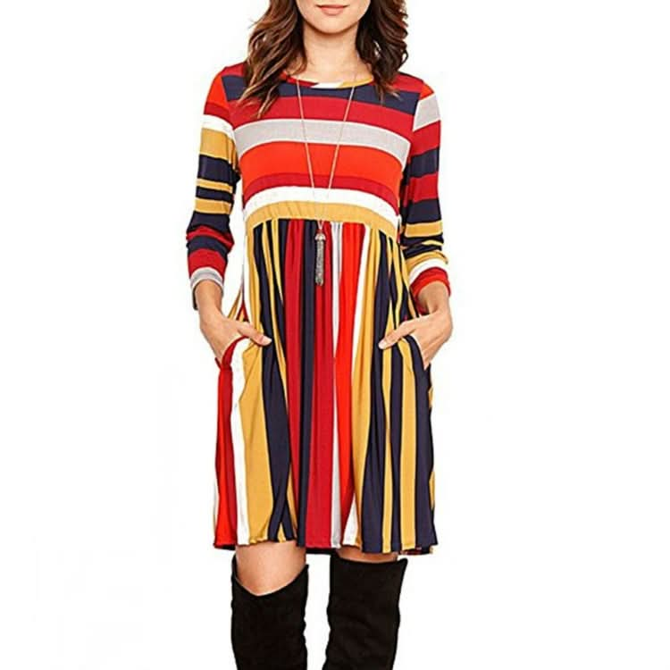 Round Neck Striped Stitching Color Long-sleeved Casual Head A Style Dress