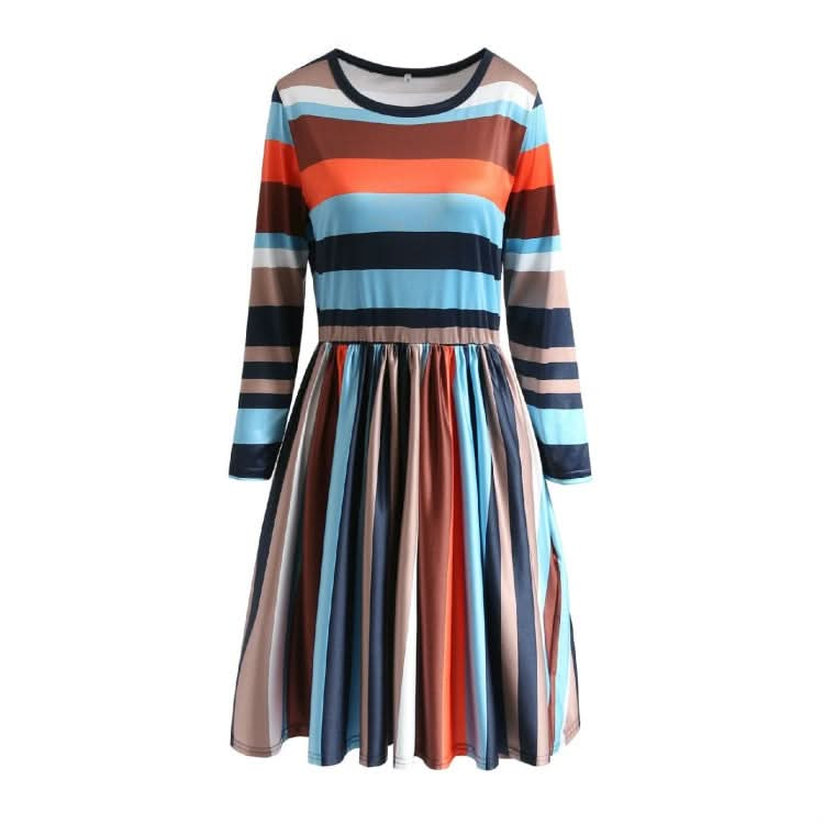 Round Neck Striped Stitching Color Long-sleeved Casual Head A Style Dress Reluova