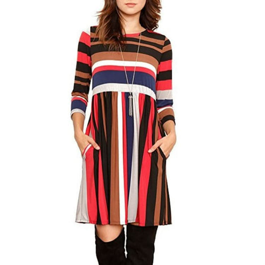 Round Neck Striped Stitching Color Long-sleeved Casual Head A Style Dress Reluova