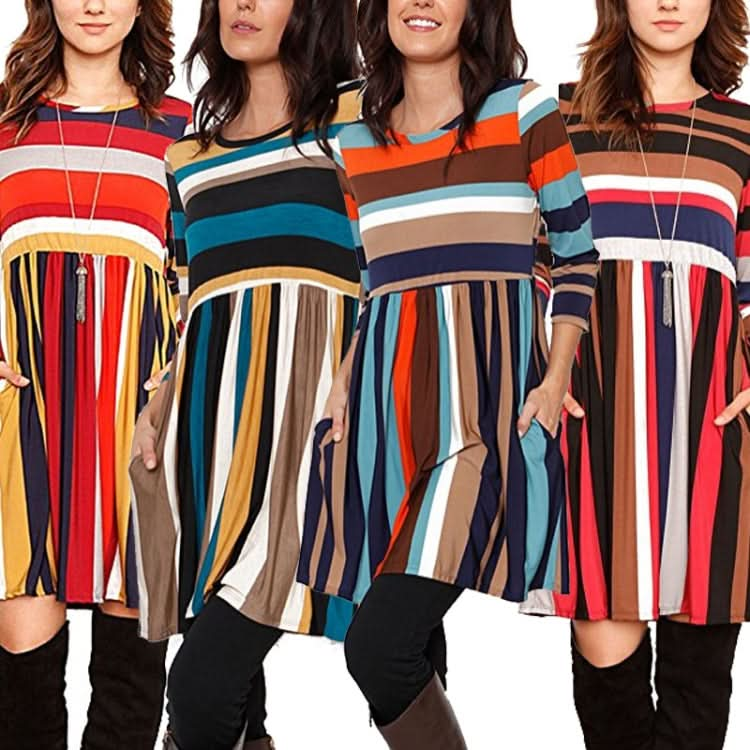 Round Neck Striped Stitching Color Long-sleeved Casual Head A Style Dress