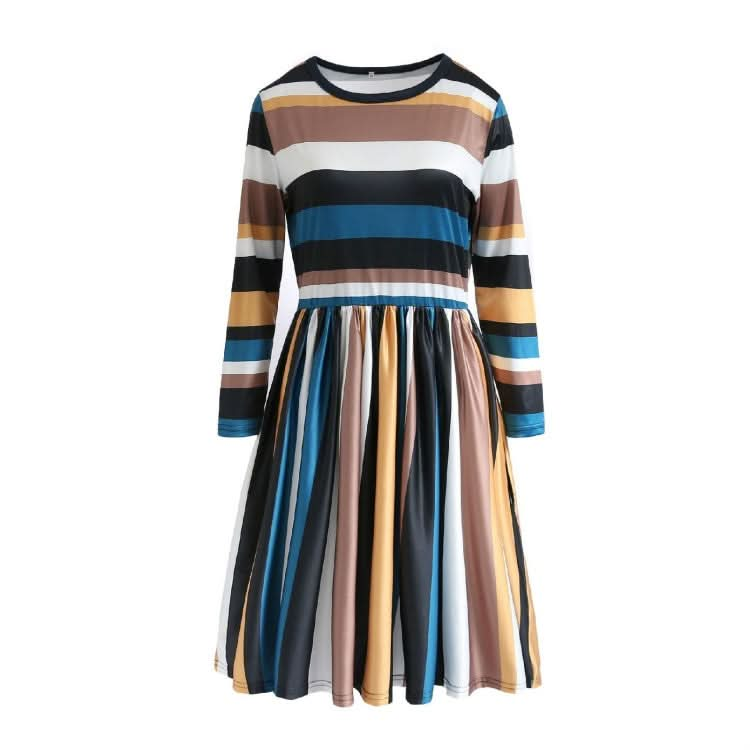 Round Neck Striped Stitching Color Long-sleeved Casual Head A Style Dress