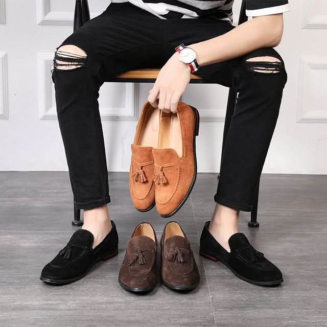 Men Leather Shoes Suede Tassels Slip-on Peas Shoes Reluova