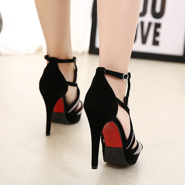 Leather Stitching Geometric Pattern Super High Heel Fish Sandals