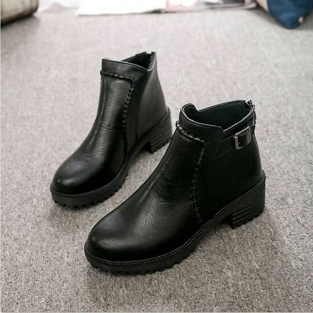 Round Toe Zippers Chunky Boots Short Plush Square Heels Ankle Boots for Women Reluova