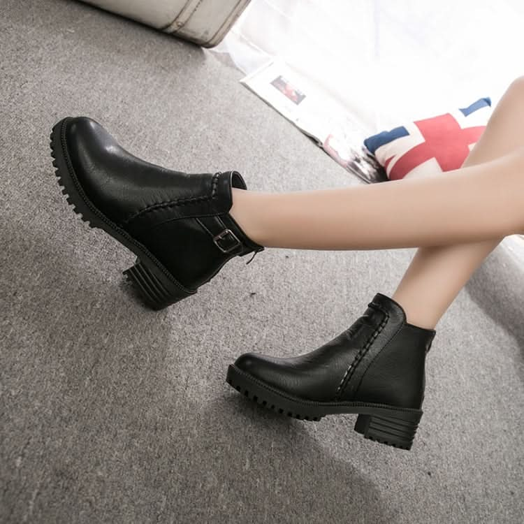 Round Toe Zippers Chunky Boots Short Plush Square Heels Ankle Boots for Women Reluova