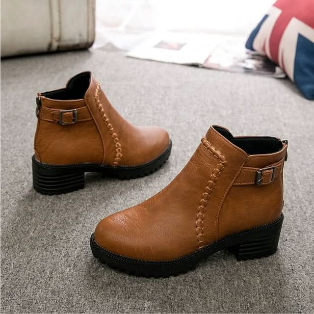 Round Toe Zippers Chunky Boots Short Plush Square Heels Ankle Boots for Women Reluova