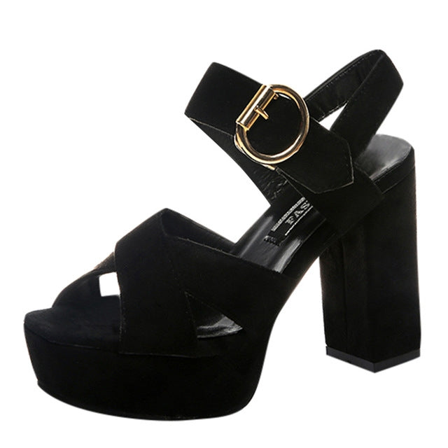 One Word Buckle Fish Mouth Cross Platform High Heels Sandals