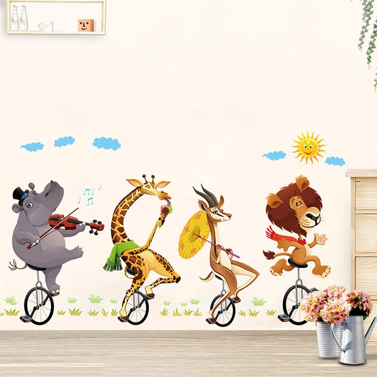 Cartoon Animal Bicyling Wall Sticker Lion Giraffe Sticker Children Room Bedroom Background Wall Ornament Stickers My Store