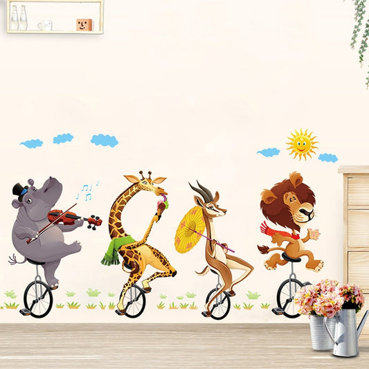 Cartoon Animal Bicyling Wall Sticker Lion Giraffe Sticker Children Room Bedroom Background Wall Ornament Stickers My Store