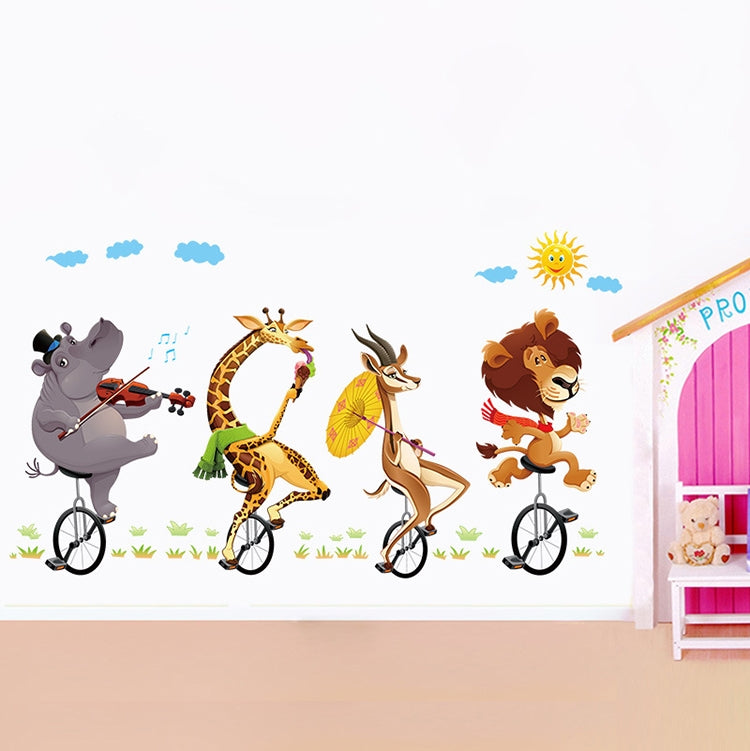 Cartoon Animal Bicyling Wall Sticker Lion Giraffe Sticker Children Room Bedroom Background Wall Ornament Stickers My Store