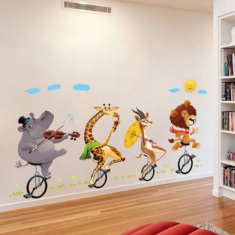 Cartoon Animal Bicyling Wall Sticker Lion Giraffe Sticker Children Room Bedroom Background Wall Ornament Stickers My Store