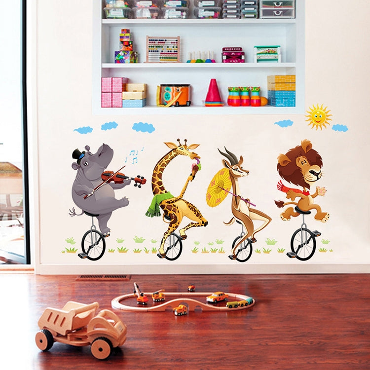 Cartoon Animal Bicyling Wall Sticker Lion Giraffe Sticker Children Room Bedroom Background Wall Ornament Stickers My Store