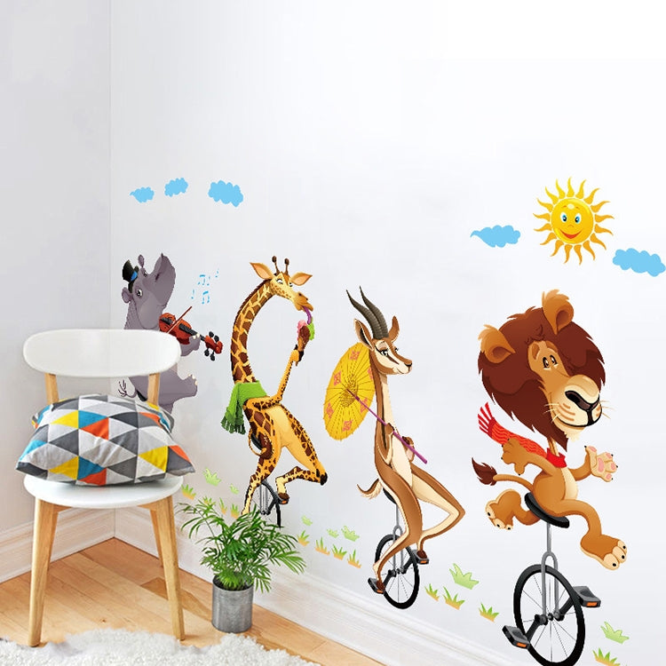 Cartoon Animal Bicyling Wall Sticker Lion Giraffe Sticker Children Room Bedroom Background Wall Ornament Stickers My Store