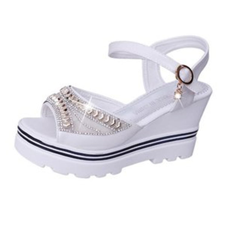 Word Buckle With Rhinestone Platform Sponge Sandals