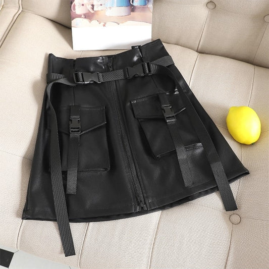 Flower Skirt Skirt Chic PU Leather Tooling Zipper A Word Skirt with Belt