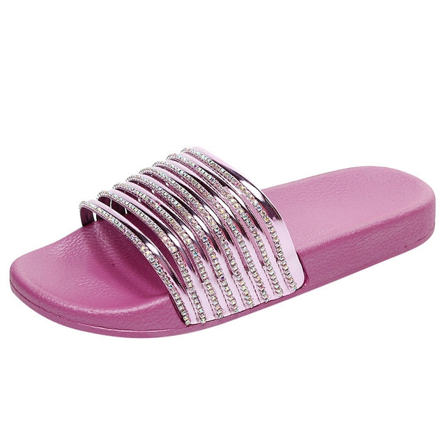 Women Solid Color Casual Glossy Flash Drill Slippers