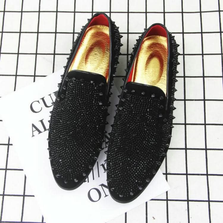 Men Rivet Rhinestone Black Pointed Toe Flats Shoes Reluova