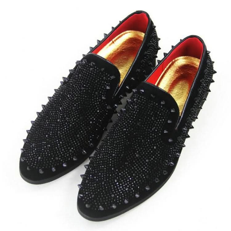 Men Rivet Rhinestone Black Pointed Toe Flats Shoes Reluova