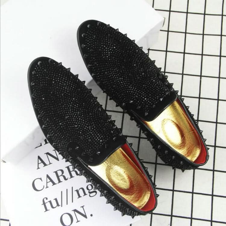 Men Rivet Rhinestone Black Pointed Toe Flats Shoes Reluova