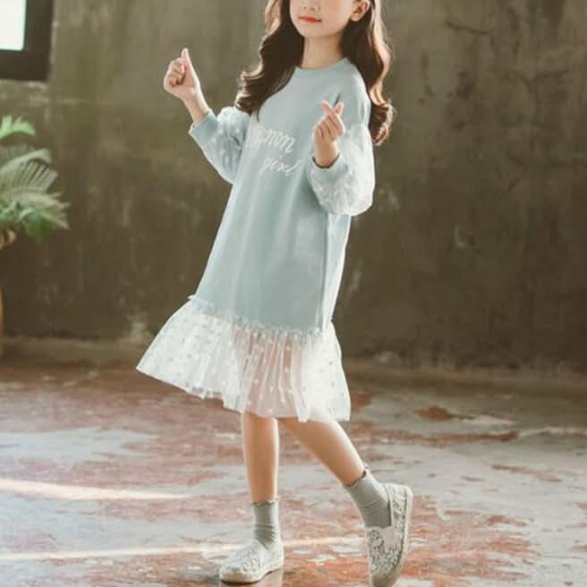 Autumn Girls Fashion Letter Pattern Long Sleeve Lace Stitching Dress Reluova