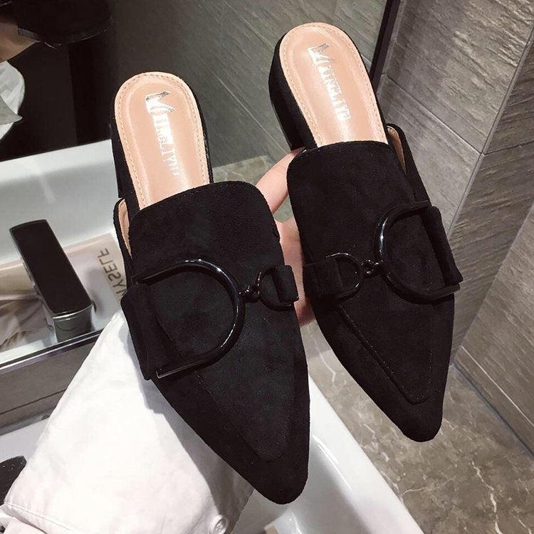 Metal Buckled Suede Pointed Slipper