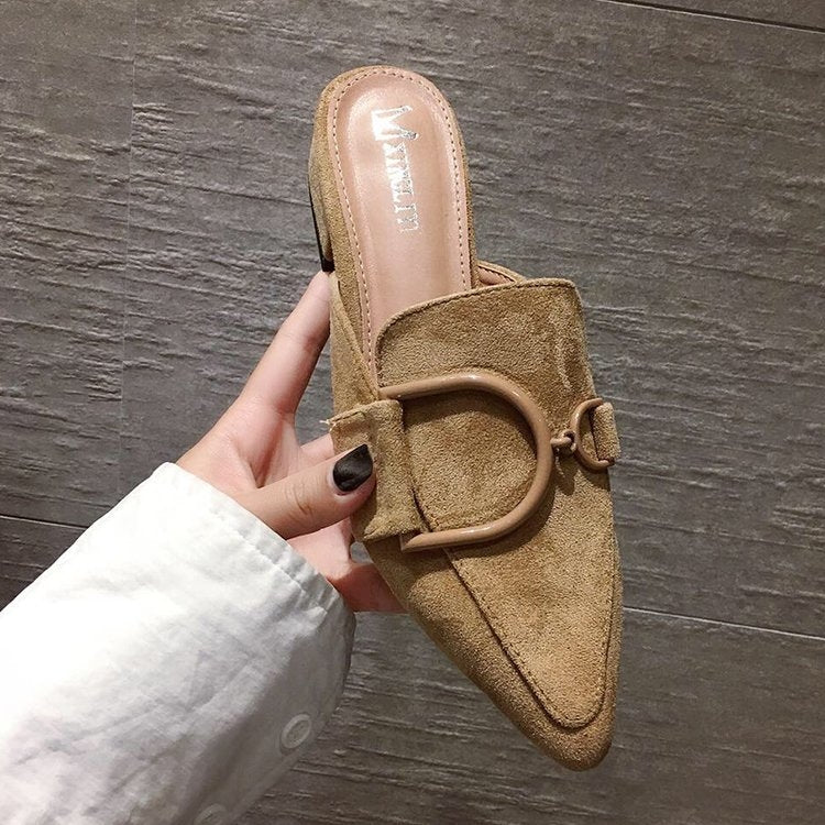 Metal Buckled Suede Pointed Slipper