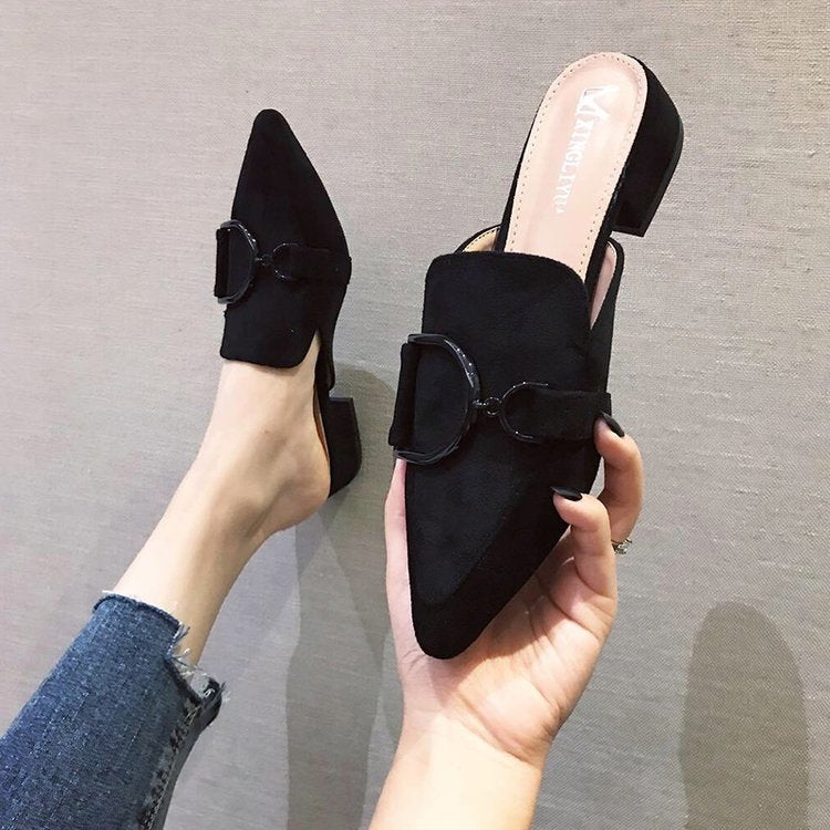 Metal Buckled Suede Pointed Slipper