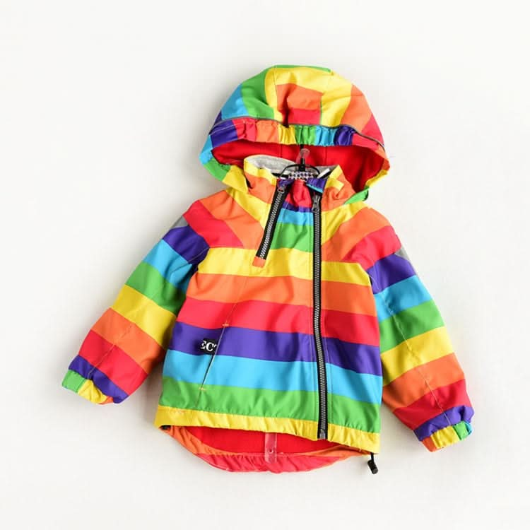 Autumn and Winter Children Fleece Rainbow Striped Diagonal Zipper Hooded Windbreaker Reluova