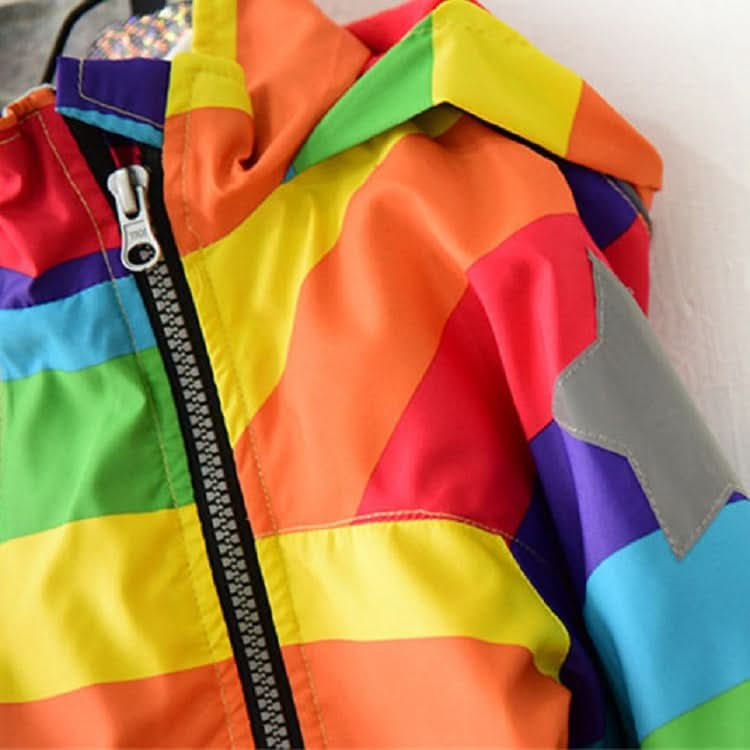 Autumn and Winter Children Fleece Rainbow Striped Diagonal Zipper Hooded Windbreaker Reluova