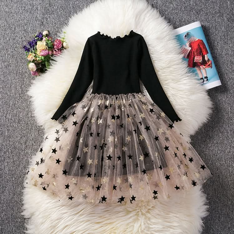 Autumn Girls Star Pattern Lace Sequins Long Sleeve Tutu Dress Reluova