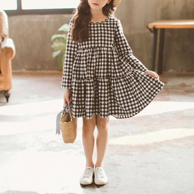 Autumn Girl Cotton Lattice Bow-knot Tie Long Sleeve Dress Reluova