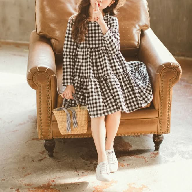 Autumn Girl Cotton Lattice Bow-knot Tie Long Sleeve Dress Reluova