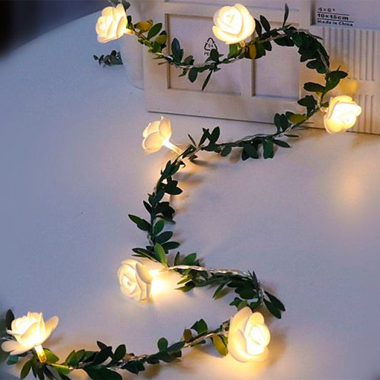 Solar Simulation Green Leaf Rattan Rose Flower Vine LED Light String Garland Decoration