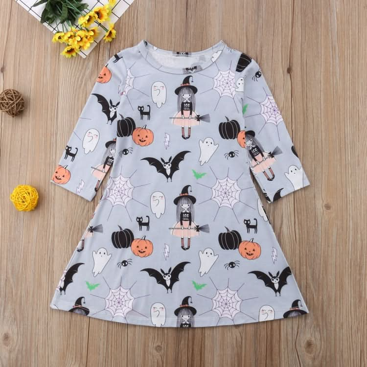 Autumn Girls Cartoon Halloween Print Long Sleeve Dress Reluova