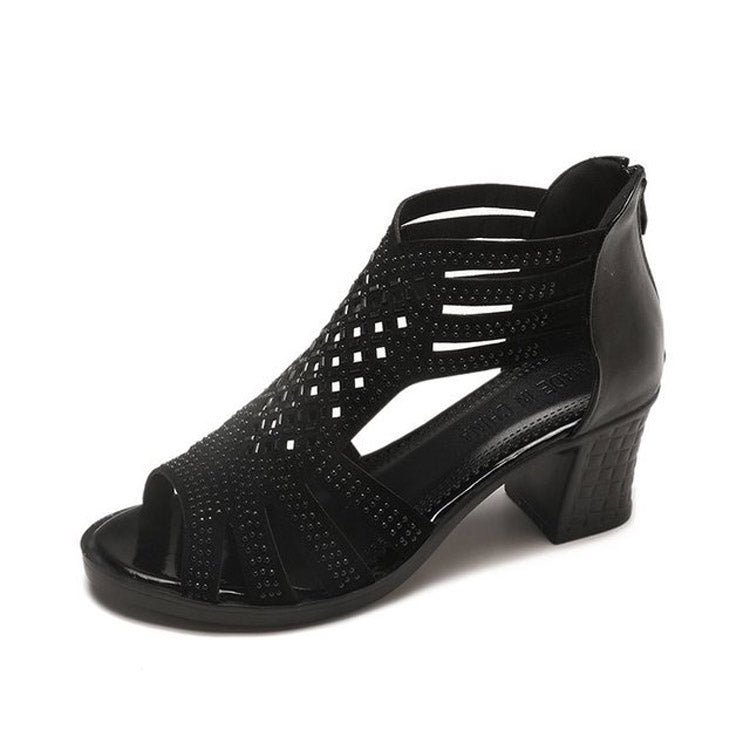 Women Diamond-studded Mid Heel Fish Mouth Sandals Reluova