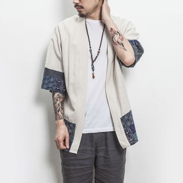 Retro Hanfu Seven-quarter Sleeve Cotton Linen Solid Stitching Youth Men Cardigan Coat Reluova