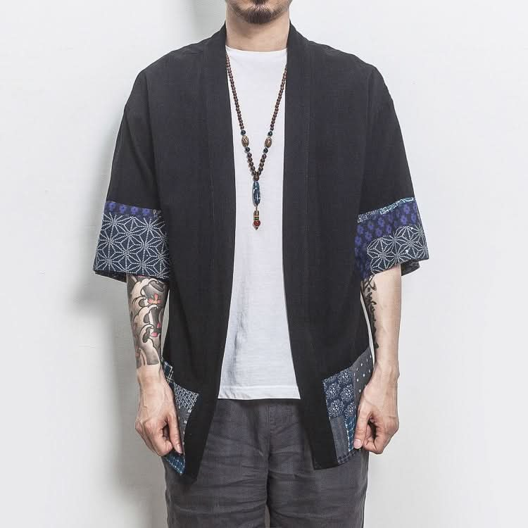 Retro Hanfu Seven-quarter Sleeve Cotton Linen Solid Stitching Youth Men Cardigan Coat Reluova