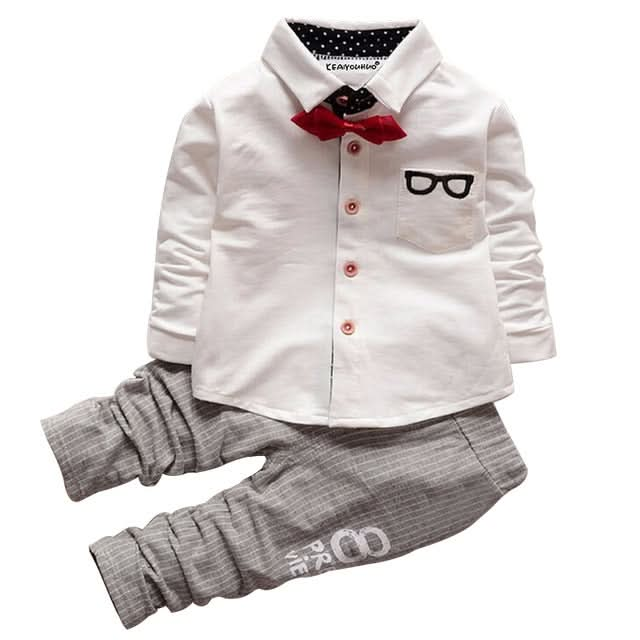 Boys Bow Tie Long Sleeve Top + Letter Print Pattern Pants Set Reluova