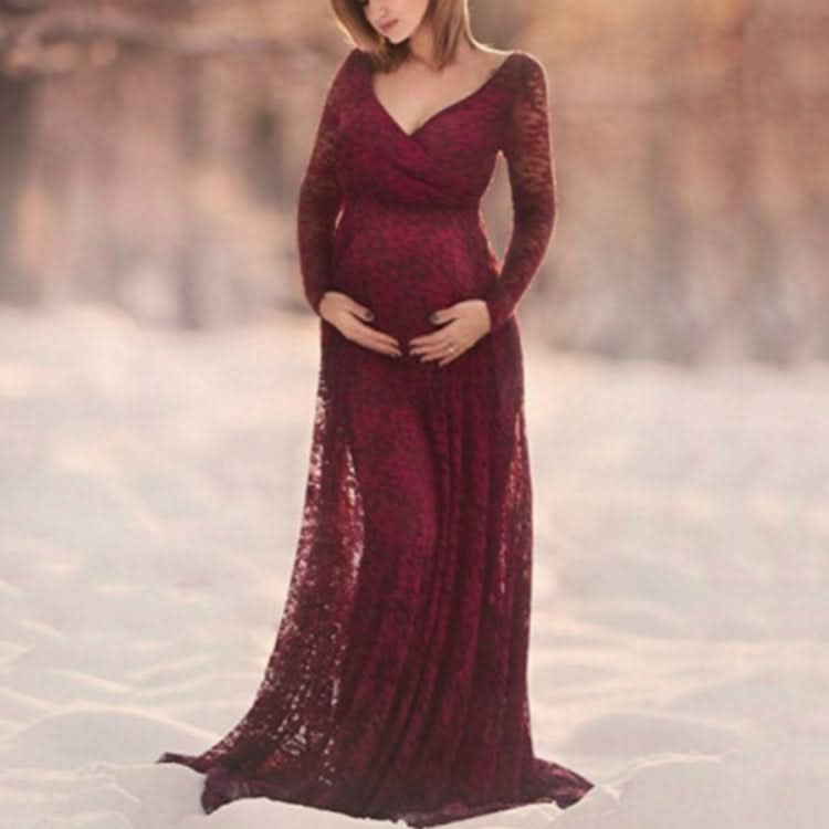 V Neck Dress Lace Long Dress for Mother Pregnancy Dress Reluova