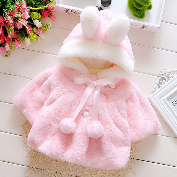 Female Baby Cartoon Rabbit Ears Shape Hooded Imitation Rabbit Fur Shawl Coat Reluova