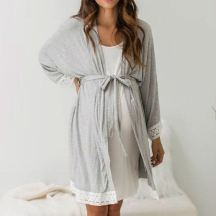 Solid Color Maternity Dress Lace Stitching Three-point Sleeves with Cardigan Breastfeeding Robes Pajamas